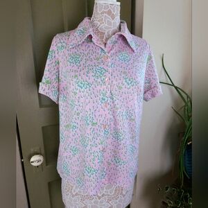Young Los Angeles Vintage 60s Double Knit Polyester Point Collar Floral Pink Top